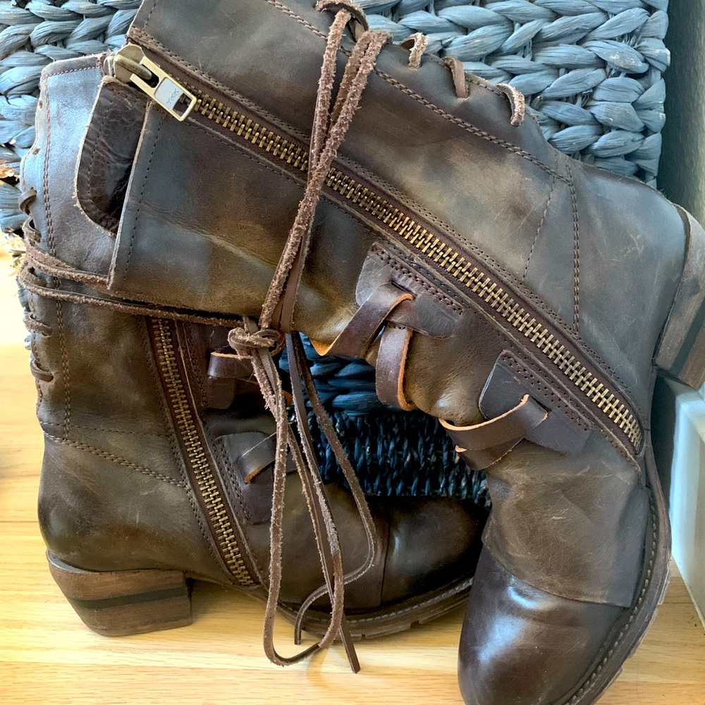 Still for sale! Brown Leather mid-calf back-lace distressed boots- only worn 2 x